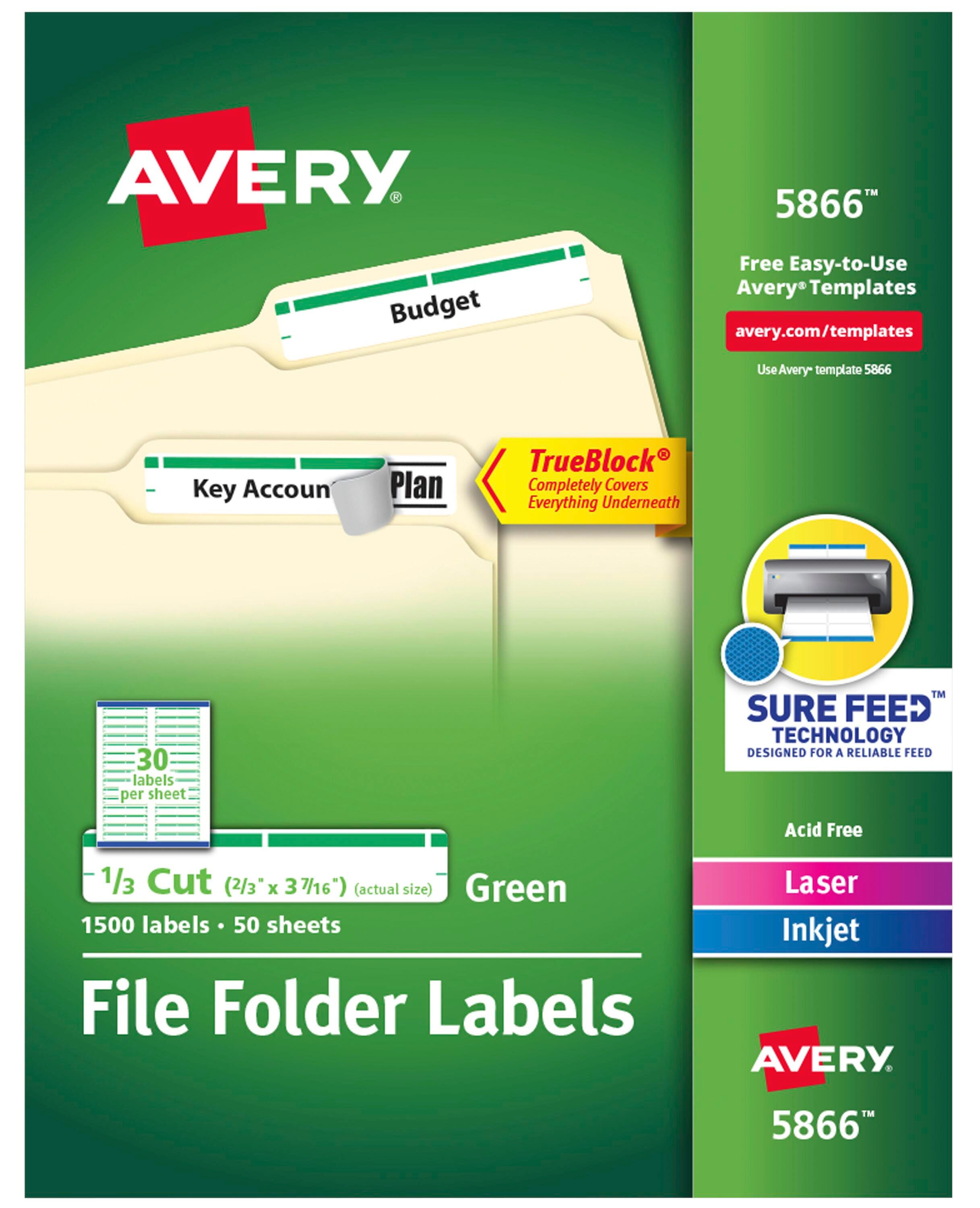 Image for Avery Printable File Folder Labels, 2/3 x 3-7/16 Inches, Green, Pack of 1500 from School Specialty